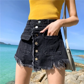 

[EWQ] 2020 Spring Summer Denim Patchwork Single Breasted Pockets Streetwear Shorts 5XL Women Fashion Tide AK66413 5XL