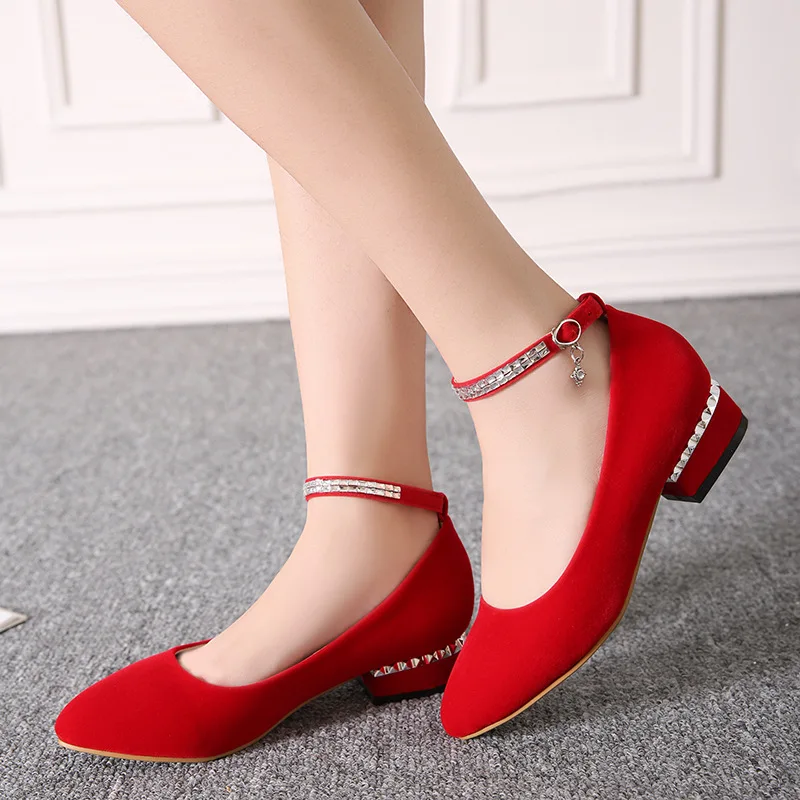 

Spring New Style Sweet Crystal Low Heel Dull Polish Princess Shoes A- line Buckle Low-Cut High Heel Shoes