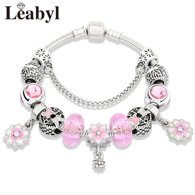 P10968 Leabyl Прямая поставка, ярко-розовая Подвеска со стразами в виде цветка, браслет для женщин и девушек, подарок, романтическое растение, розовое сердце, браслет из бисера, Femme, Новинка - Окраска металла: P10968