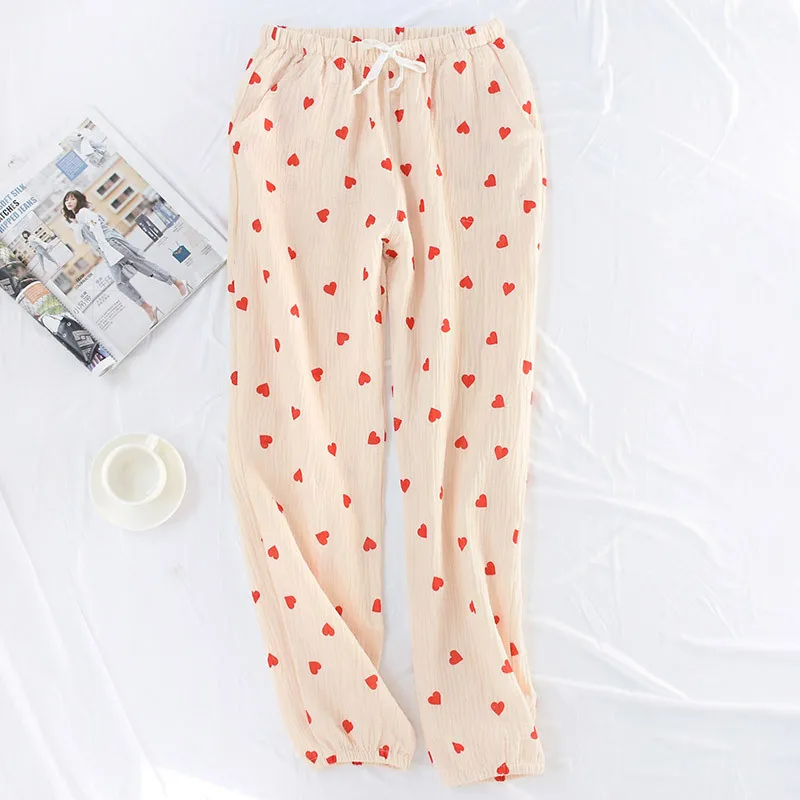 Spring and Summer Women's Home Pants Women Cotton Double Gauze Thin Sleep Pants Sleep Bottoms Casual Red hearts Printing Pyjamas Spring and Summer Women's Home Pants Women Cotton Double Gauze Thin Sleep Pants Sleep Bottoms Casual Red hearts Printing Pyjamas