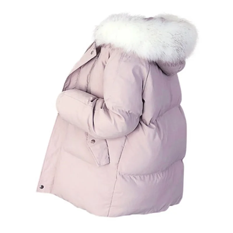 Женское пуховое пальто с воротником из лисьего меха, женская зимняя куртка, женский свободный короткий пуховик на белом утином пуху, плотный теплый пуховик