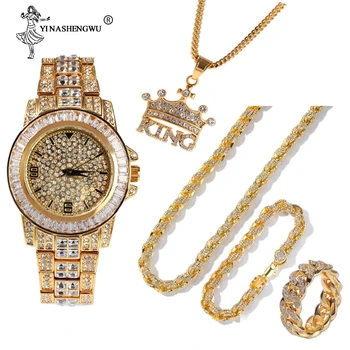 

Luxury Men Watch Hip Hop Men Cross Crown Ice Out Cuban Necklace Watch &Necklace &Bracelet &Ring Combo Set Hip Hop For Men Rapper