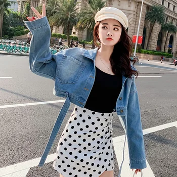 

Women's Loose Casual Short Jackets Chic New Long-sleeved Retro High Waist Short Denim Jackets Tide Autumn Spring Tops