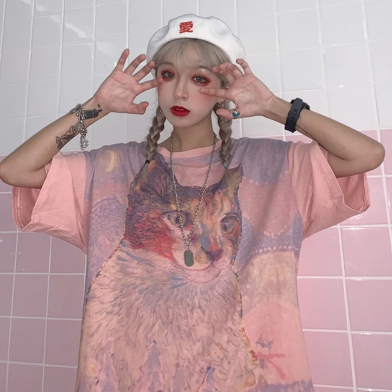 Ulzzang Harajuku футболка с короткими рукавами и рисунком кота летняя новая шикарная уличная хип-хоп свободная повседневная женская футболка с круглым вырезом