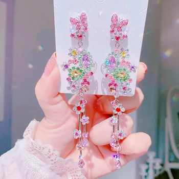 

MENGJIQIAO Korean Palace Silver Color Luxury Flower Butterfly Crystal Long Dangle Earrings For Women Elegant Party Jewelry