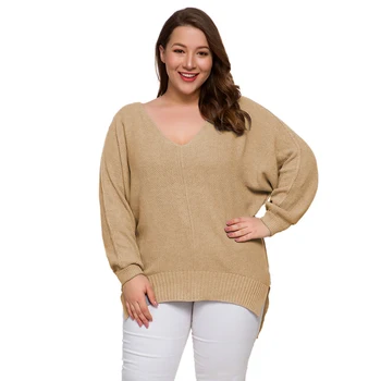 

Wipalo Autumn Winter Plus Size Women Sweaters Long Sleeve V-Neck Side Slit Knit Warm Sweater Solid Loose Casual Pullover Outwaer