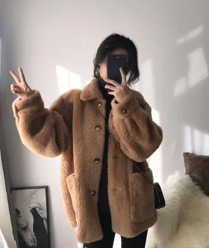 caramel colour Осенне-зимнее корейское Двустороннее пальто с мехом женские повседневные свободные толстые зернистые флисовые куртки однобортные пальто из искусственного меха Mw839 - Цвет: caramel colour