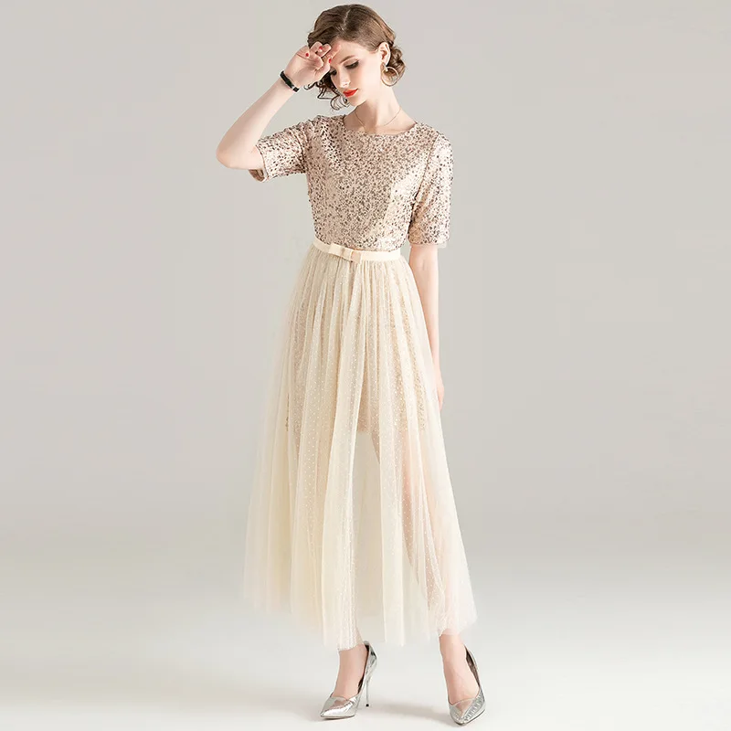 

D202025 Mesh Suit 2020 Season Women's Wear Middle Sleeve Sequins Two-piece Set