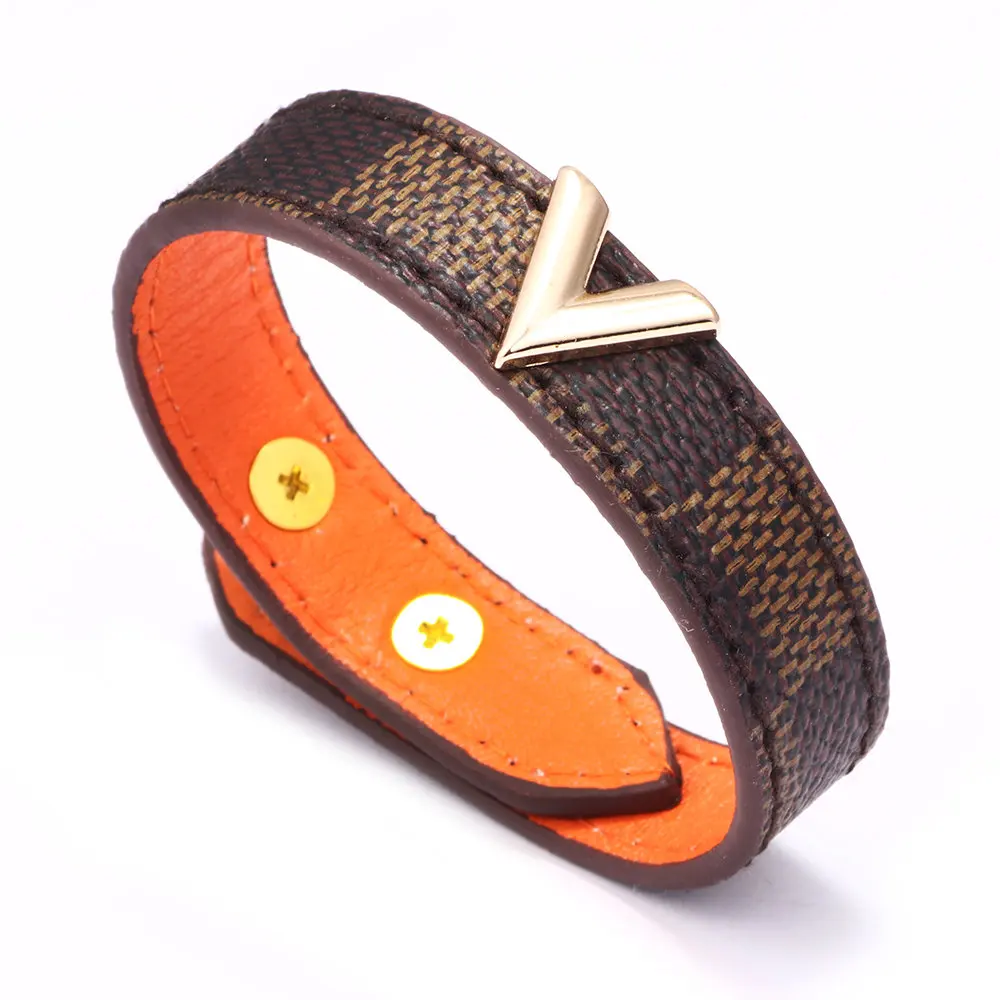 Hot Sale Grid Genuine Leather Bracelet Bangle Gold V shaped Metal Decoration Men Women Classic Charm Jewelry Gifts