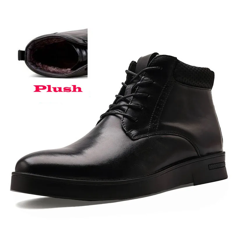 Мужские ботинки из кожи с натуральным лицевым покрытием и плюша; теплые удобные зимние ботильоны ручной работы; осенне-зимняя мужская обувь размера плюс - Цвет: black plush