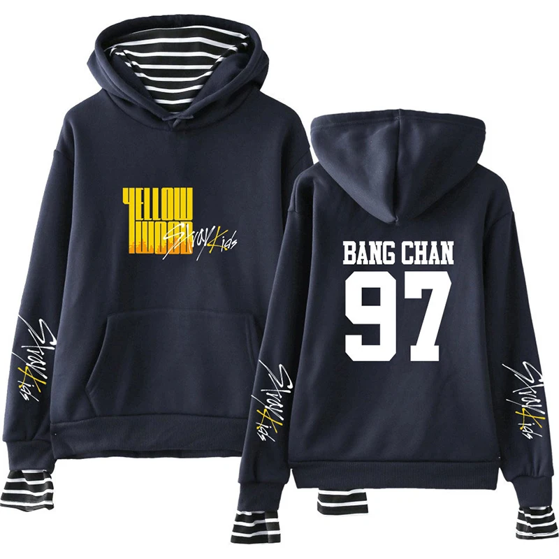 navyblue4 KPOP Stray Kids альбом желтая древесина Повседневная Поддельные два толстовка Свободный пуловер Весна и осень дропшиппинг - Цвет: navyblue4