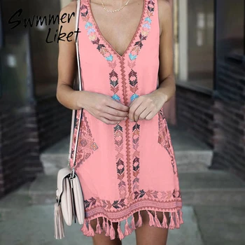 

Summer tassel swimsuit cover ups female 2020 Print v neck cover ups Sleeveless beach dress women Kimono bathing suit Plus size