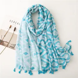 2022 lady Fashion Sky Blue Paisley Plaid Tassel Viscose Shawl Lady Print Soft Wrap Pashmina Stole Bufanda Muslim Hijab 180*90Cm