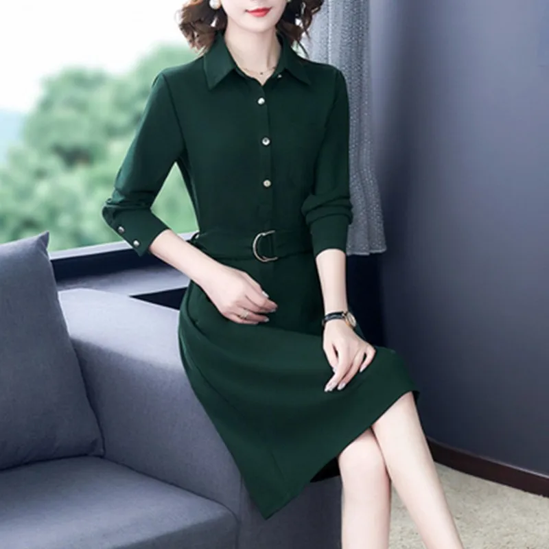 

Autumn 2021 New Single Breasted Women Shirts Dress Simple Casual Slim Waist Long-Sleeved Short Dress Female Solid Work Clothing
