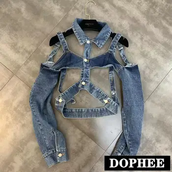 

2019 early autumn lapel long sleeve hollow short personality trend denim jacket female