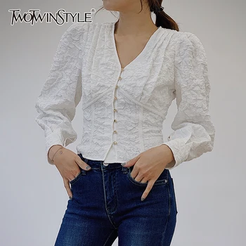

TWOTWINSTYLE Vintage Printed Shirt For Women V Neck Puff Sleeve Casual Tunic Blouse Female 2020 Fall Fashion Clothing New Tide