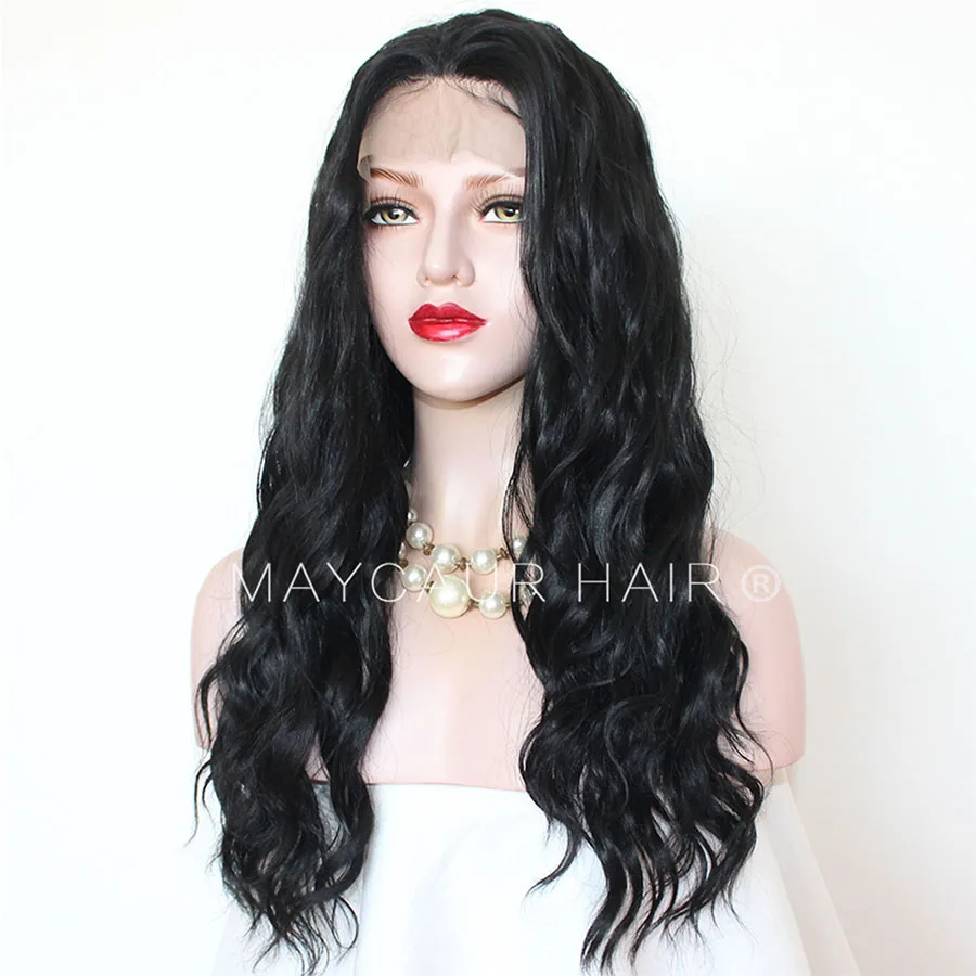 Maycaur Long Wavy Lace Front Wigs Black Color Synthetic Wigs for Black Women Half Hand Tied Heat Resistant Fiber Hair (5)