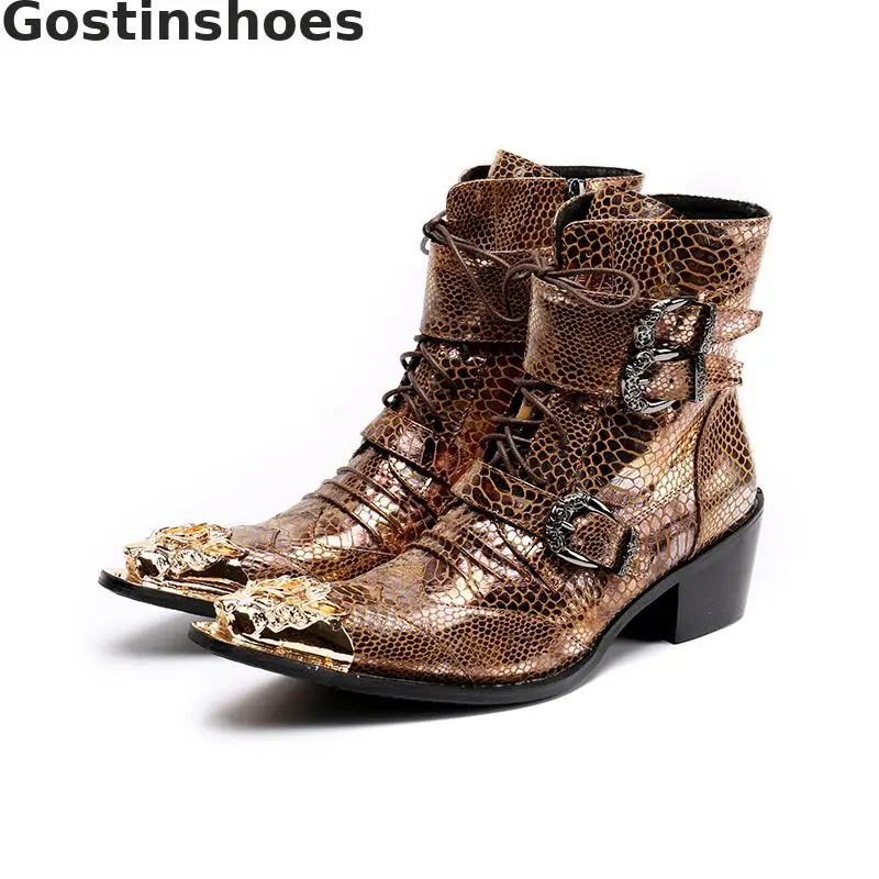 

Men Short Boots Genuine Leather Pleated Golden Snakeskin Printed Buckle Straps Lace-up Motorcycle Boots Spring Autumn