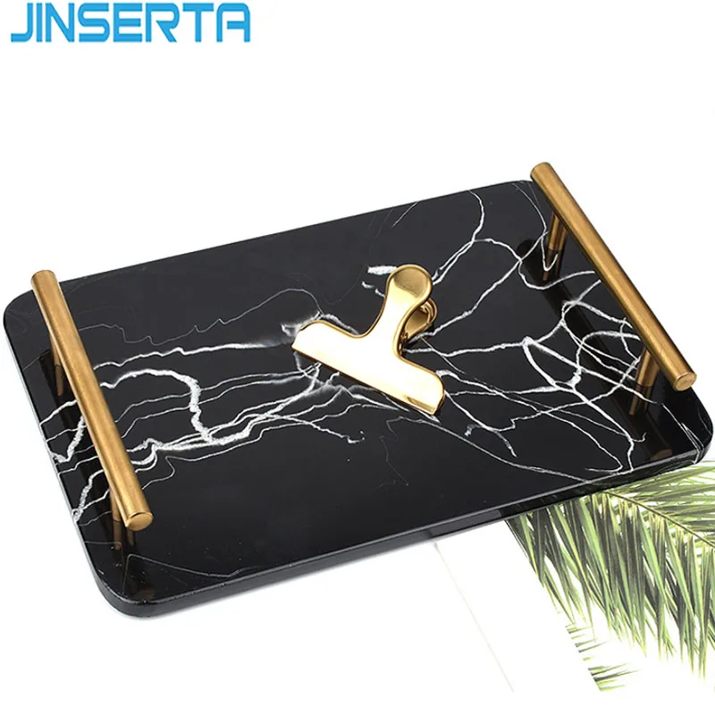

JINSERTA Marbled Resin Serving Tray Jewelry Display Plate Cosmetic Organizer Luxury Hotel Restaurant Decor Tray with Handles