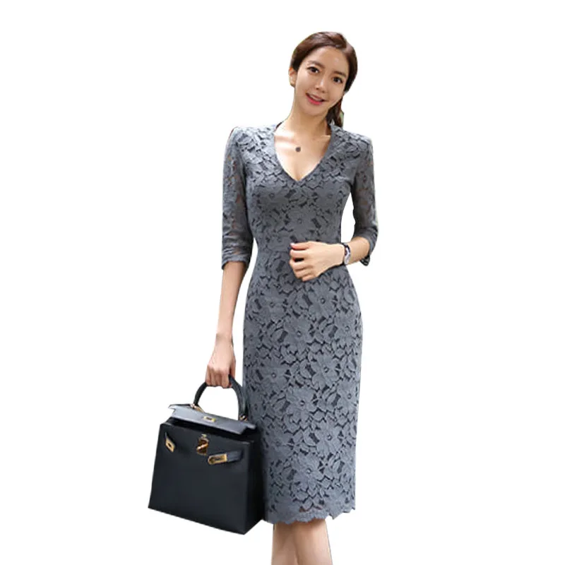 

Debutante Cross Border New Style Lace Slim Fit Sheath V-neck Elegant-Style Base Dress Women's