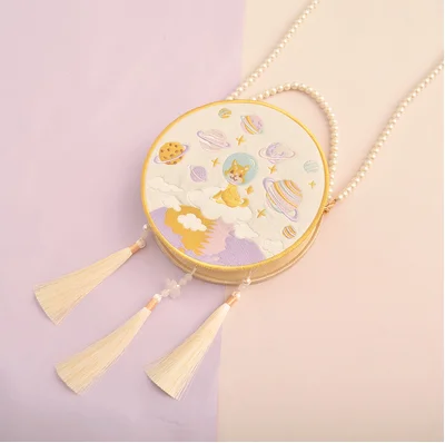 Angelatracy Hanfu Chinese Tiger Dragon Embroidery Tassel Rabbit Sheep Snake Horse Mouse Cow Monkey Pig Shoulder Circular Bags