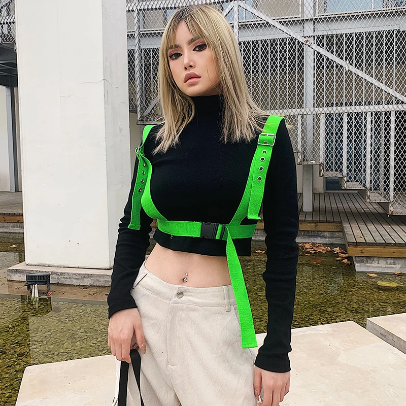 HEYounGIRL с высоким воротом черная Базовая женская футболка Harajuku футболка с длинными рукавами рубашка Femme Готический Повседневное Модная футболка с поясом