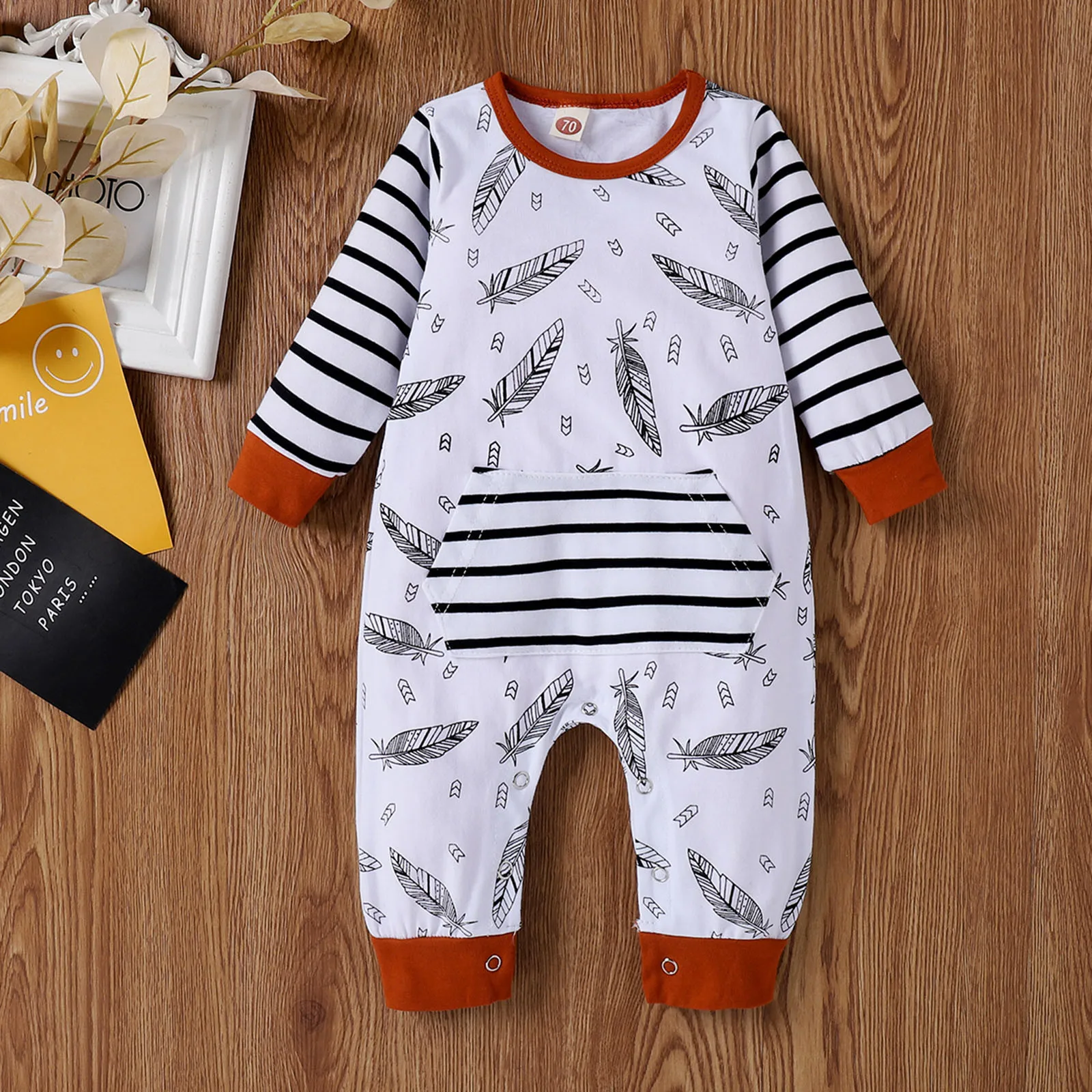 

0-24Months Infant Baby Girls Long Sleeve Cartoon Stripe Romper Jumpsuit Clothe Unique feather print Convenient pocket fashion M5