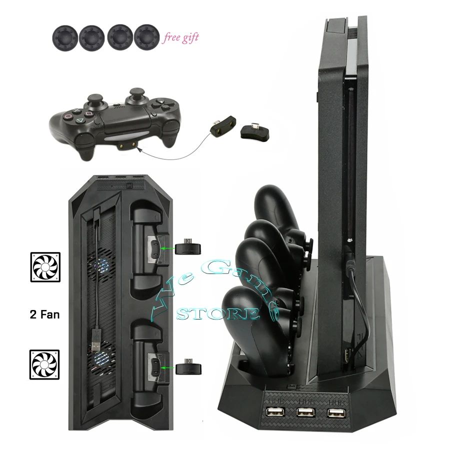 

PS4 Slim Console Vertical Cooling Stand PS 4 Controller Charging Station with 3 HUB Port for PlayStation 4 Slim Accessories