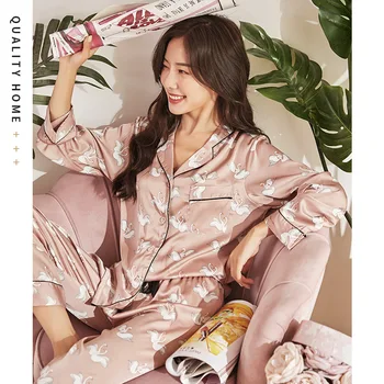 

New Autumn Women Silk Satin Printing Pajamas Set Long Sleeved Shirt and Trousers Home Service Suit Satin Pajamas for Women 9903