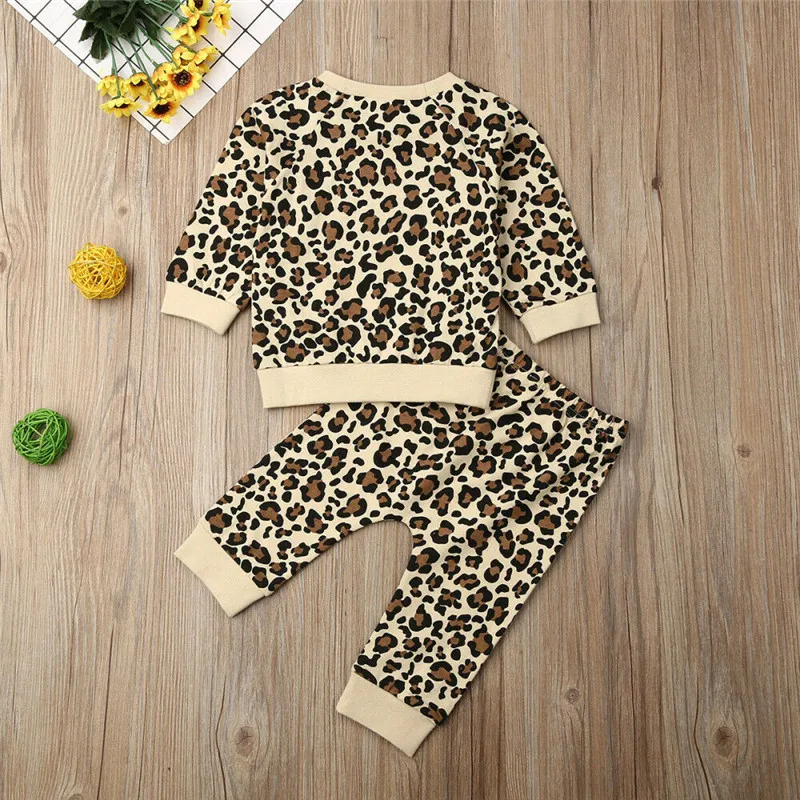 2Pcs/Set Toddler Kids Baby Girl Long Sleeve Tops T Shirt Pants Leopard Printed Outfits Clothes Autumn Children Tracksuit 1-6T