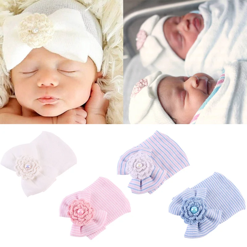 

Newborn Baby Hat Toddler Baby Warm Hats Cotton Striped Caps Soft Hospital Pink White Boys Girls Bow Beanies for New Born 0-6M