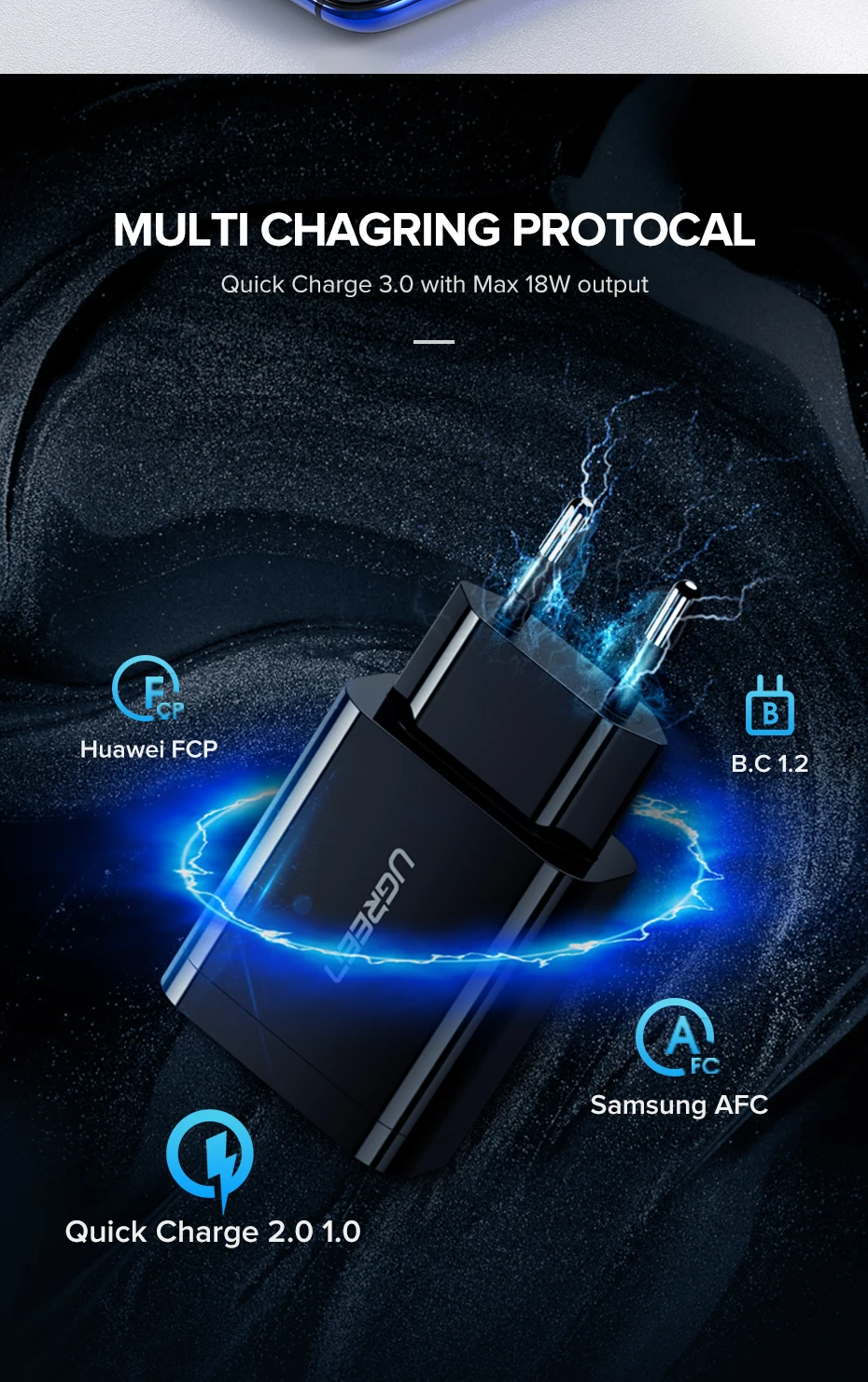 Ugreen Charge rapide 3.0 QC 18W chargeur USB QC3.0 chargeur mural rapide pour Samsung s10 Xiaomi iPhone Huawei chargeur de téléphone portable