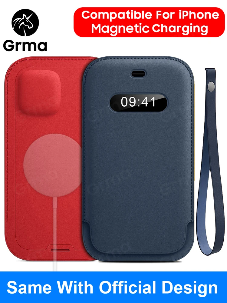 GRMA Original Mag Magnetic Safe Genuine Leather Sleeve Wrist Bag For iPhone 12 Pro Max Mini Charging Wallet Pouch Case with Card