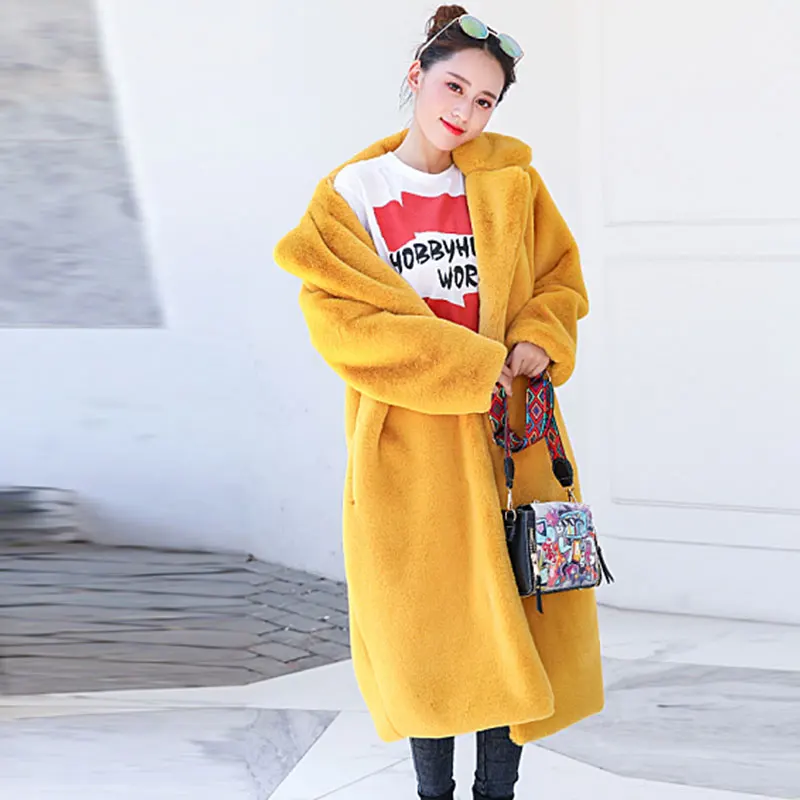 Yellow Зимнее женское высококачественное пальто из искусственного кроличьего меха, роскошное длинное меховое пальто, Свободное пальто с отворотом, толстое теплое женское плюшевое пальто больших размеров - Цвет: Yellow