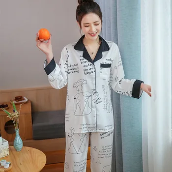 

2020 spring and summer new ladies ice silk printed pajamas set color matching casual simple silk home service