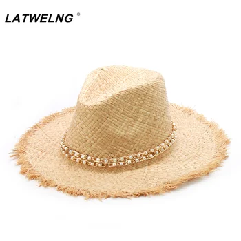 

New Design Handmade Metal Chain + Pearl Raffia Beach Hats For Women Fashion Jazz Panama hat Dropshipping Wholesale