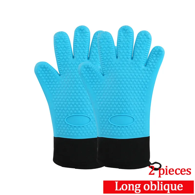 Длинные силиконовые перчатки для духовки термостойкие для плиты перчатки хлопчатобумажные перчатки силиконовые для выпечки для микроволновой кухни инструменты Glovees - Цвет: 2pcs-blue
