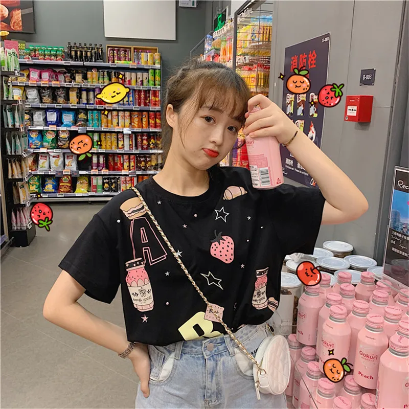 Lychee Harajuku клубника печати свободная женская летняя футболка короткий рукав женская футболка вырез лодочкой женские футболки