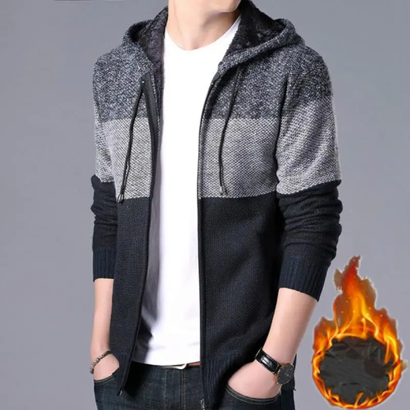 Men Knitted Thick Sweater Cardigan Autumn Winter Mens Warm Casual Sweater Male Faux Fur Fleece Hooded Sweatercoats