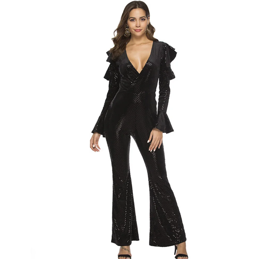 Черный блестящий сексуальный Облегающий комбинезон 2019 осенний Модный женский с