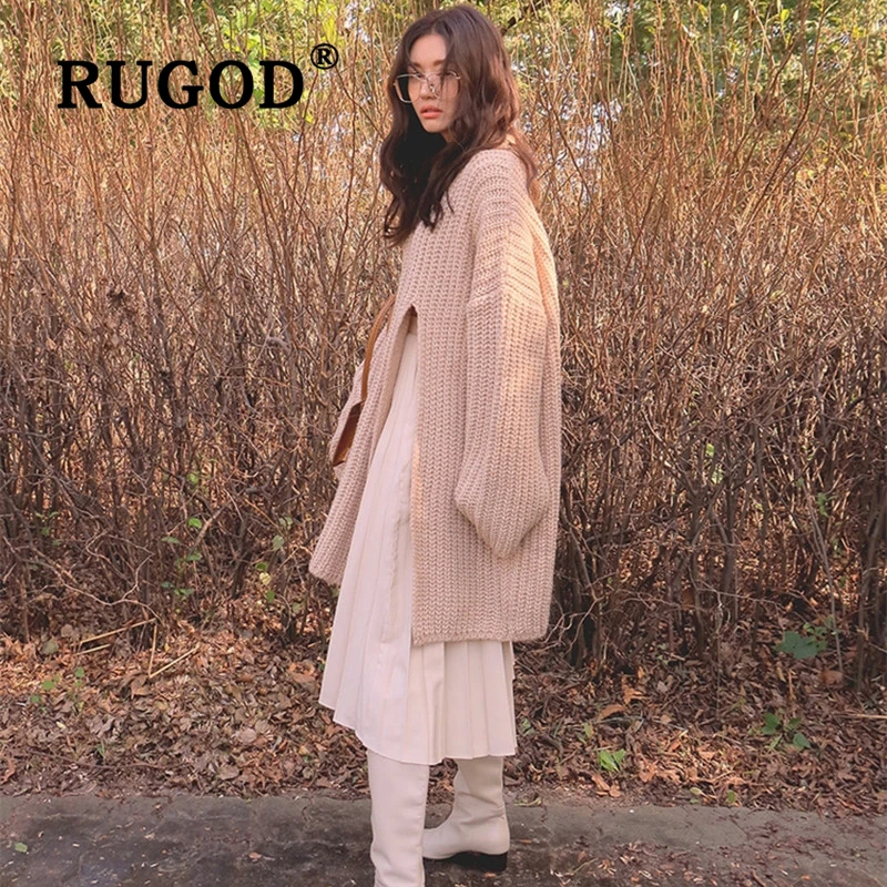 RUGOD, корейский, ins, раздельный, длинный свитер, женский, модный, Круглый ворот, рукав летучая мышь, негабаритный, вязанный, для женщин,, Повседневный, Однотонный свитер
