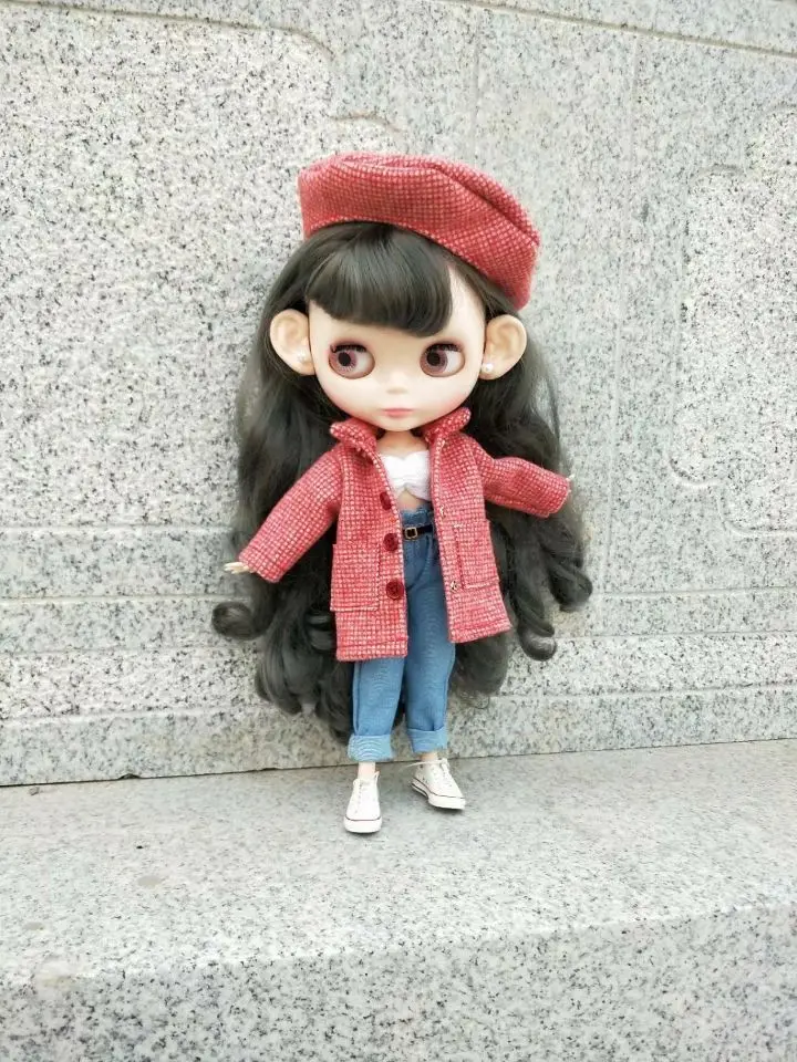 Blyth красный пальто Озон пальто в клетку с поясом, кукольный наряд(Fit blyth, BJD, озон, pullip, лат, licca, ob, kurhn, 1/6 кукла