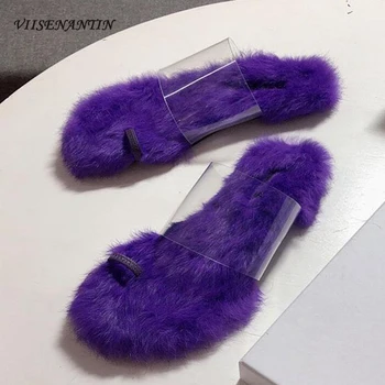 

Rabbit Fur Flat PVC Slipper Shoe Split Toe Candy Color 2020 Spring Summer Ins Hot Sandal Luxury Fur-slides Flipflops