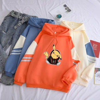 

Kawaii Pikachu Pokemon Printing Hoodies Cute Anime Sweatshirts Hip Hop Hooded Pullover Fashion Contrast Color Patchwork Outwear