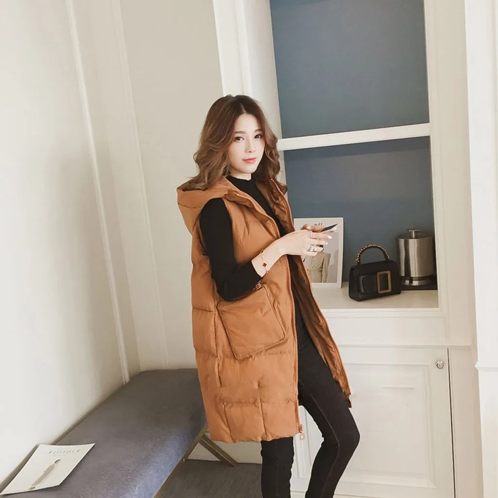 JAYCOSIN ladies new fashion stand collar wild long vest casual solid color warm hooded cotton vest autumn and winter hot jacket