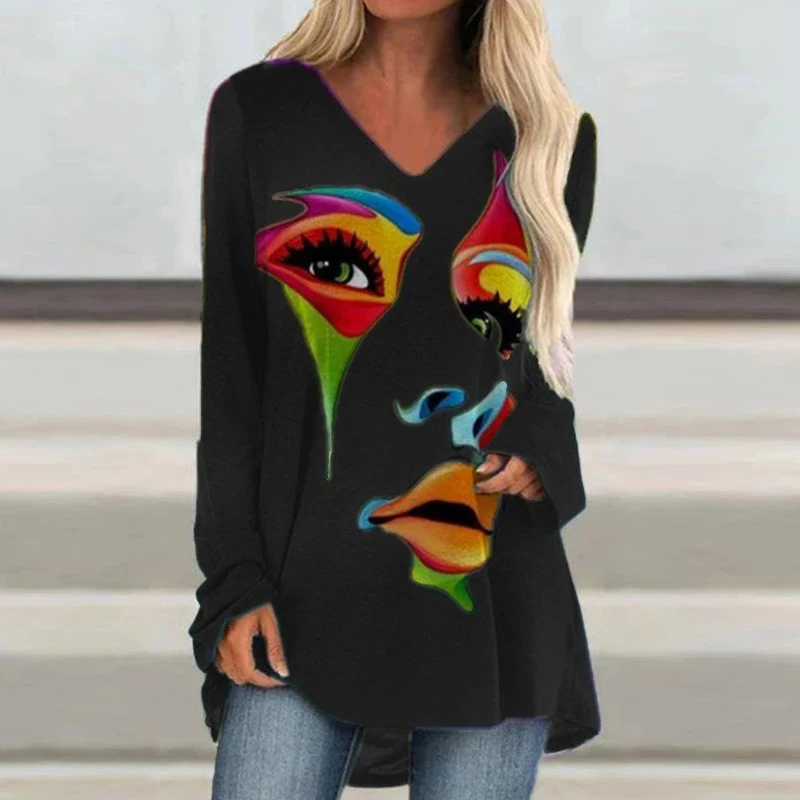 Obtenga esto Camiseta de manga larga con cuello en V para mujer, blusa informal holgada con estampado Retro abstracto para primavera y otoño RLwqeBAL85O