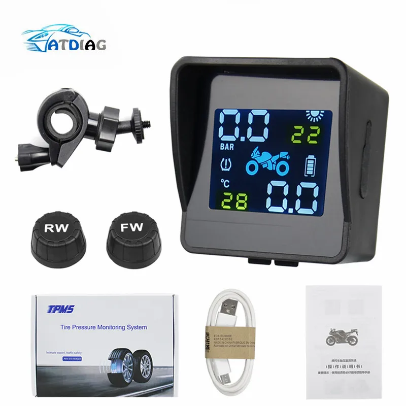 USB Solar Charging Motorcycle TPMS Motor Tire Pressure Tyre Temperature Monitoring Alarm System with 2 External motorcycle tire pressure monitor