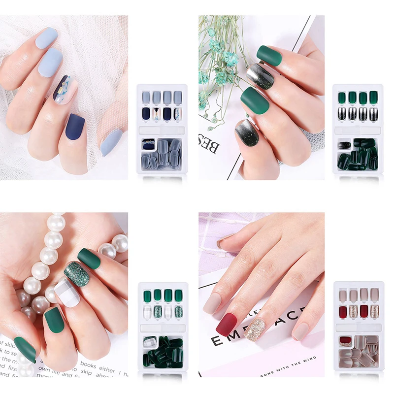 HOT 24pcs Artificial Fake Nail Art with Glue Round Head Full Nail Tips Tool Green Leaf Pattern False Nails DIY Design