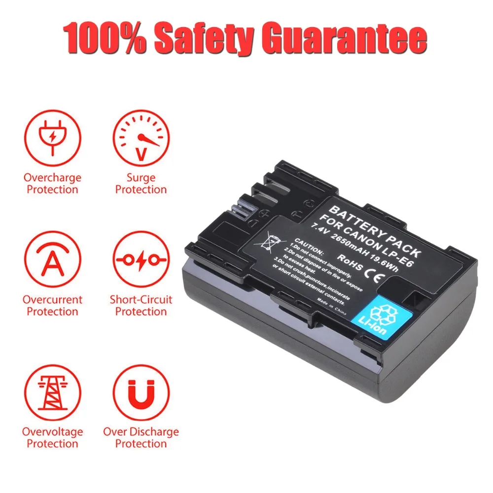 2650mAh LP E6 LPE6 Bateria LP-E6 E6N Camera Battery + Dual Charger For Canon EOS 5D Mark II III 50D 6D 60D 7D 70D 80D 90D EOS R