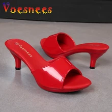  2021 Women Slippers Mule Clear Heels Patent Leather Slippers Sandals Sexy Crystal Heels Pointed Toe Slides Party Shoes Woman 